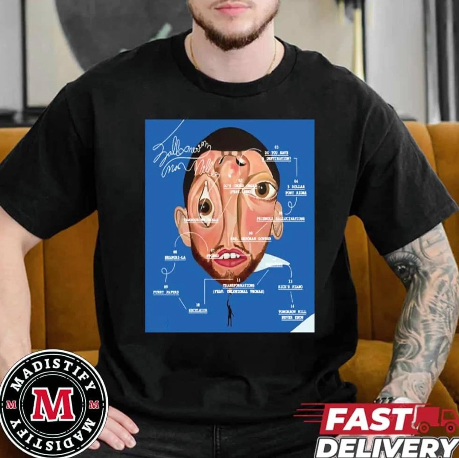 Black cotton t-shirt featuring blue stylized face graphic with annotations rapper mac miller album balloonerism poster hip hop y2k