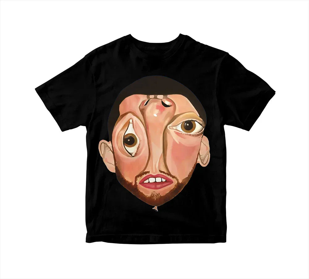 Black short-sleeved t-shirt featuring a surreal face print inspired by rapper mac miller album balloonerism poster hip hop y2k style