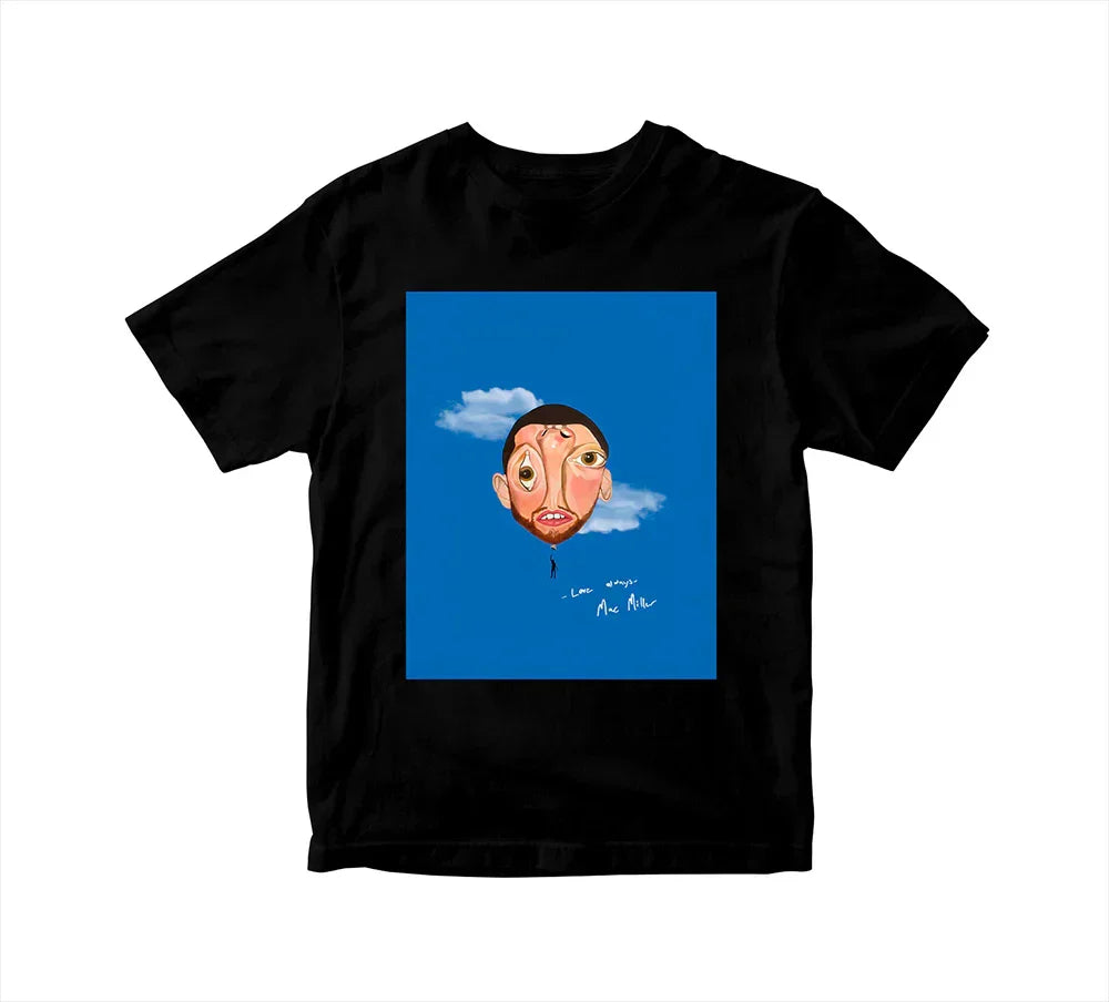 Black short-sleeved t-shirt with vibrant cartoonish rapper mac miller face from album balloonerism poster hip hop y2k style