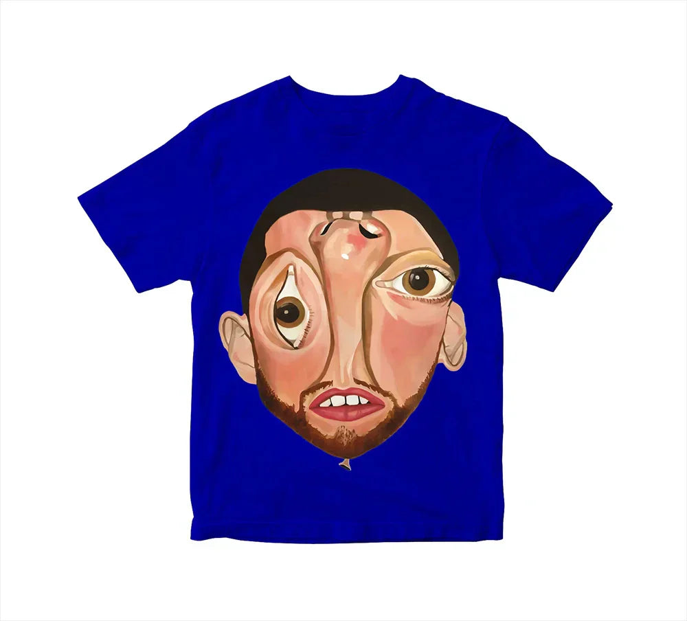 Blue short-sleeved t-shirt featuring stylized cartoon face graphic inspired by rapper mac miller album balloonerism poster hip hop y2k fashion