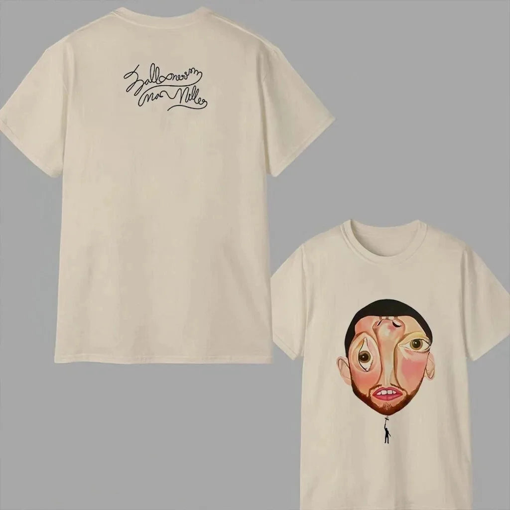Cream-colored cotton t-shirt with stylized cartoon face front graphic and balloonman mac miller cursive text back hip hop y2k