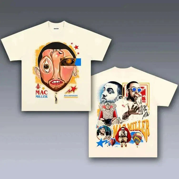 Cream-colored cotton t-shirt featuring a vibrant rapper mac miller album balloonerism poster graphic for hip hop y2k fashion