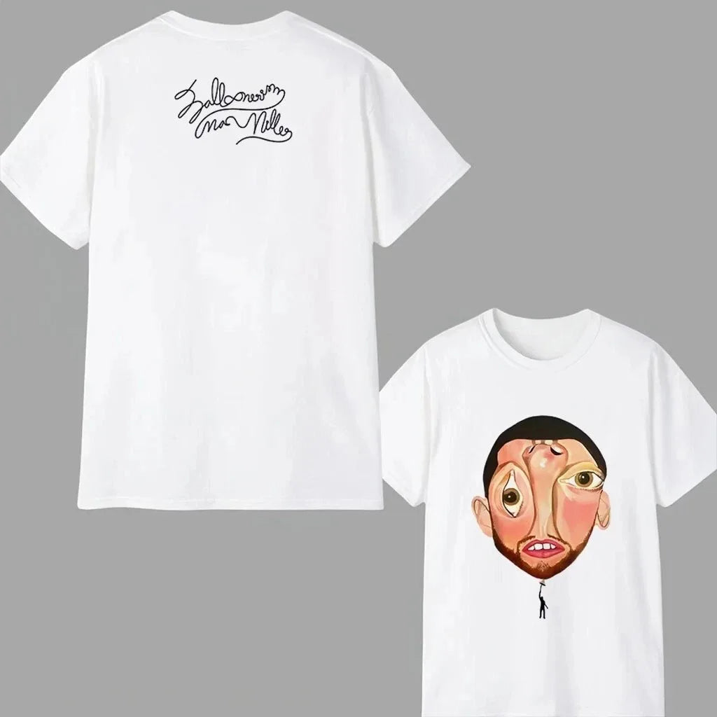 White cotton t-shirt featuring a cartoon face illustration front and signature design back rapper mac miller hip hop y2k fashion