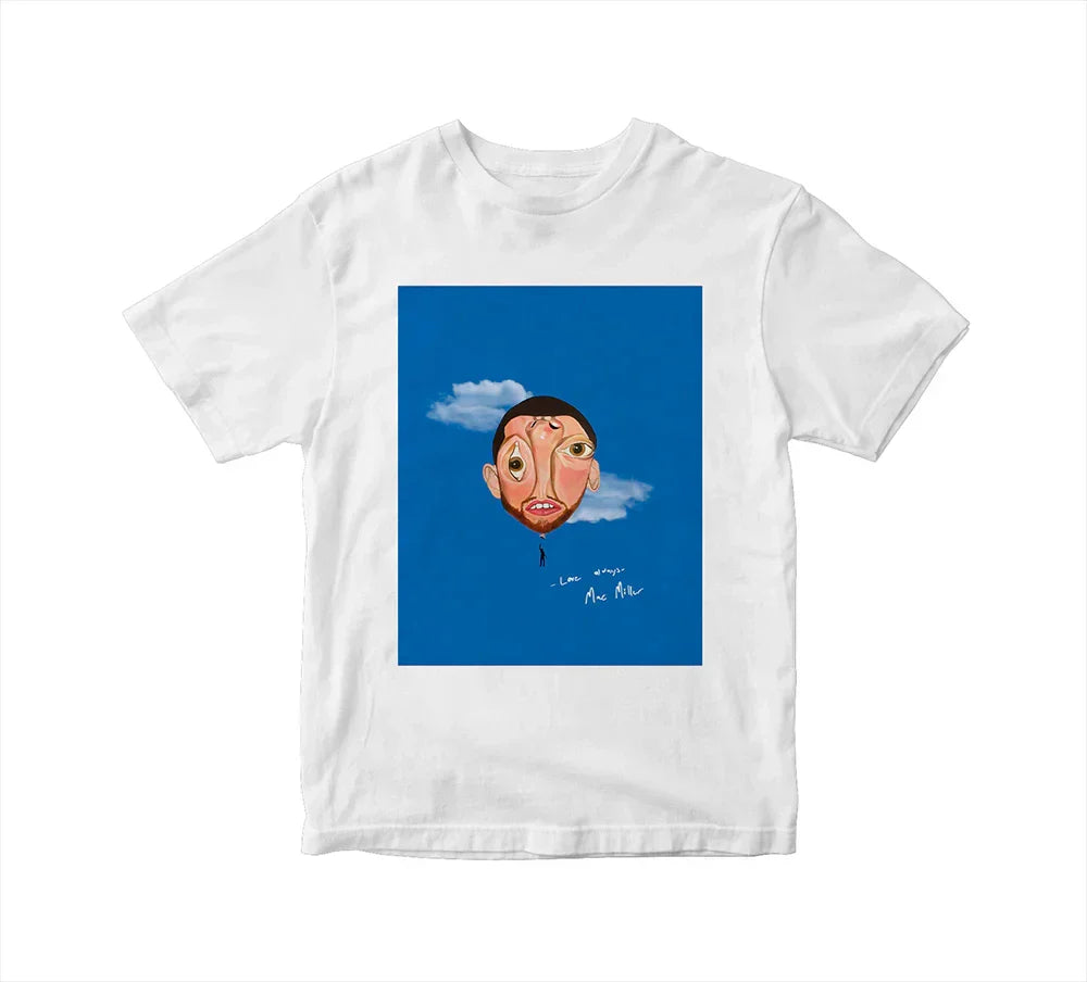 White cotton t-shirt with a printed stylized face graphic against blue sky featuring rapper mac miller album balloonerism poster hip hop y2k style