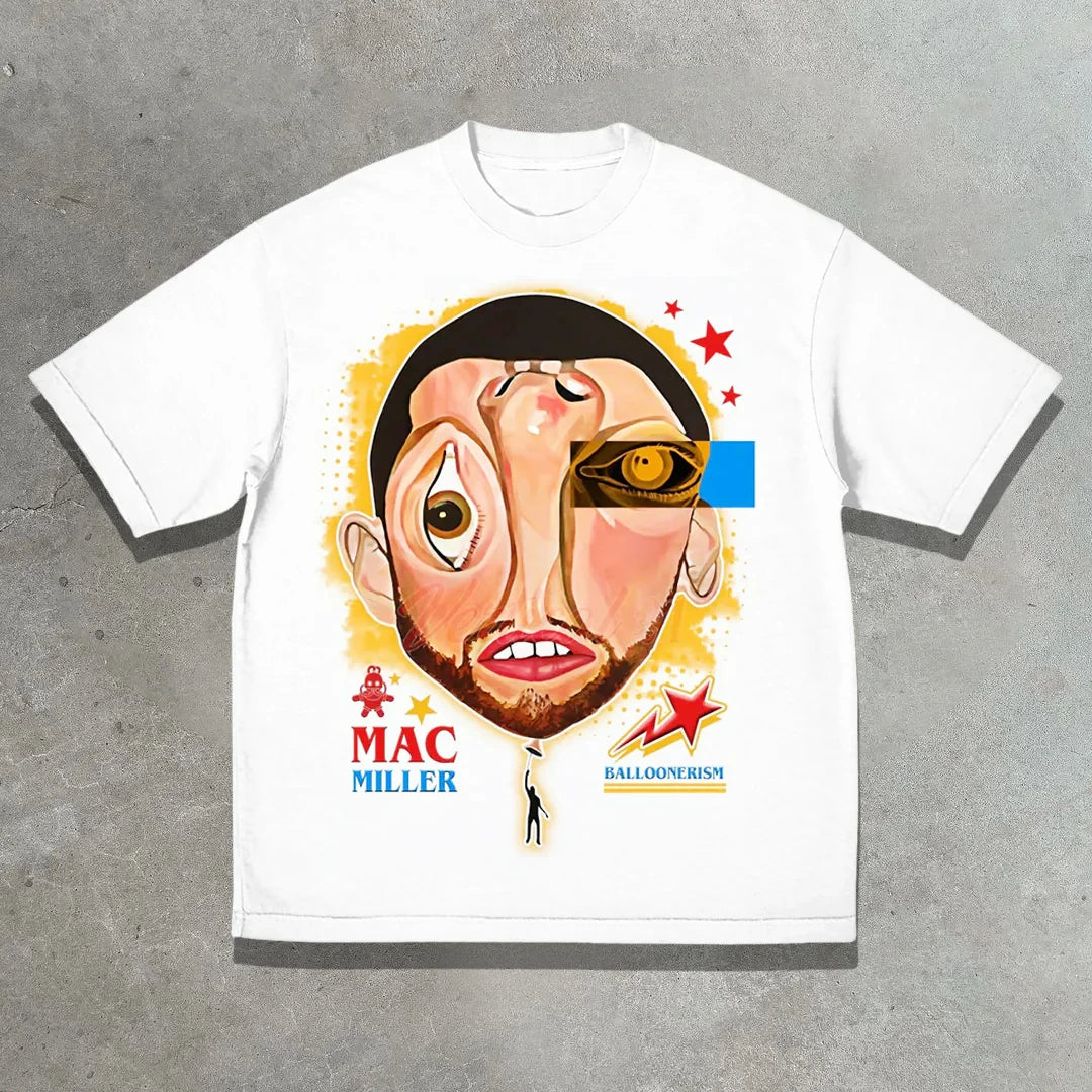 White short-sleeved t-shirt featuring a stylized rapper mac miller album balloonerism poster design for hip hop y2k fashion