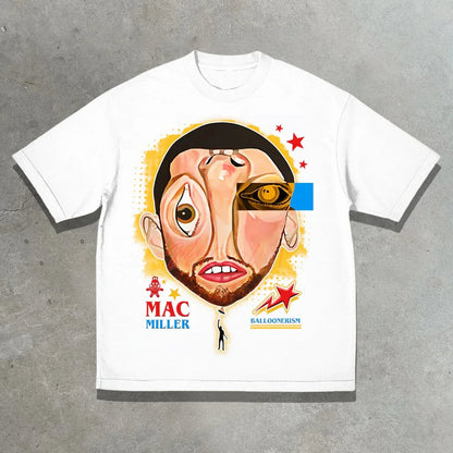 White short-sleeved t-shirt with a stylized rapper Mac Miller album Balloonerism poster design in hop y2k fashion style