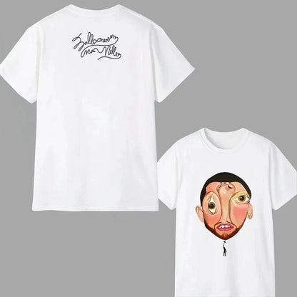 White cotton t-shirt featuring rapper mac miller cartoon face front and album balloonerism poster design hip hop y2k style