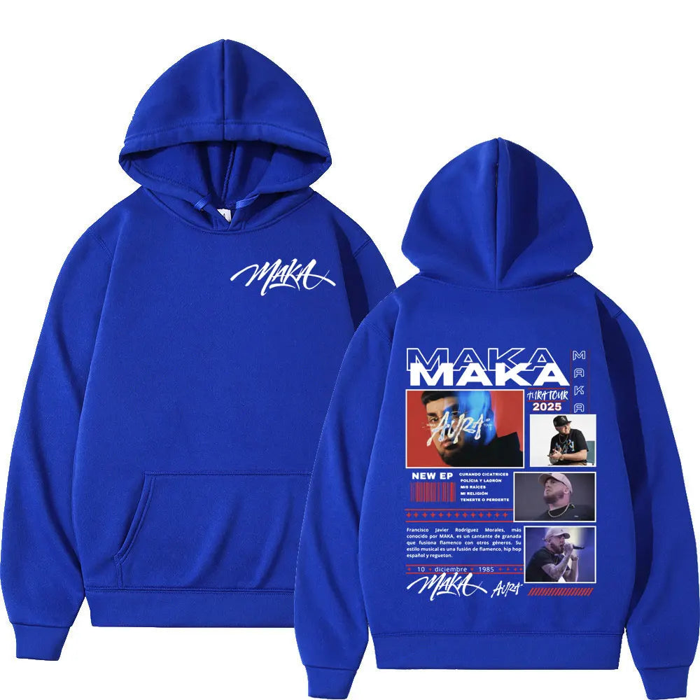 Royal blue rapper maka aura 2025 tour merch hoodie with bold graphic photos and text on the back oversized pullovers streetwear