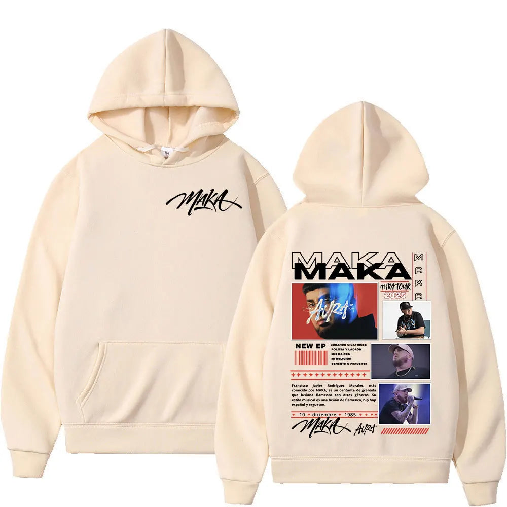 Cream-colored rapper maka aura tour merch hoodie with black logo front and detailed graphic back oversized pullovers streetwear