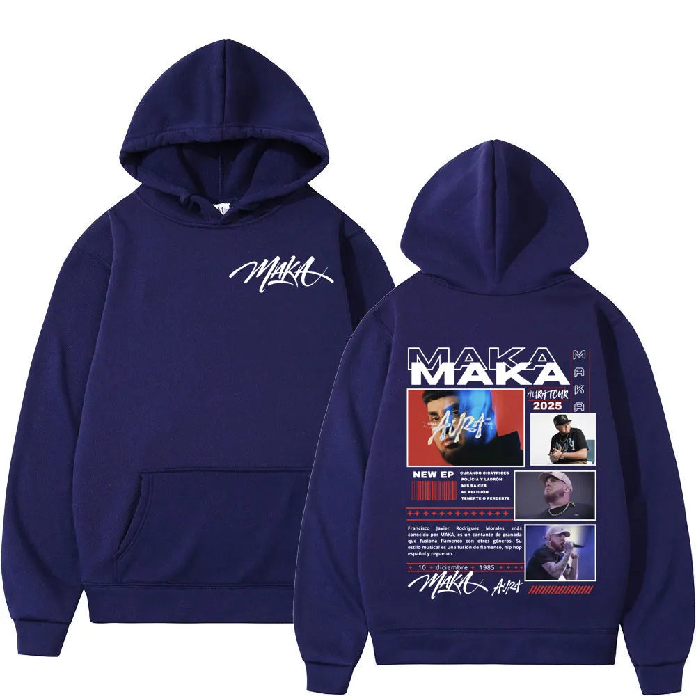 Navy blue rapper maka aura tour merch hoodie with white cursive logo front and detailed graphic print back oversized pullover streetwear