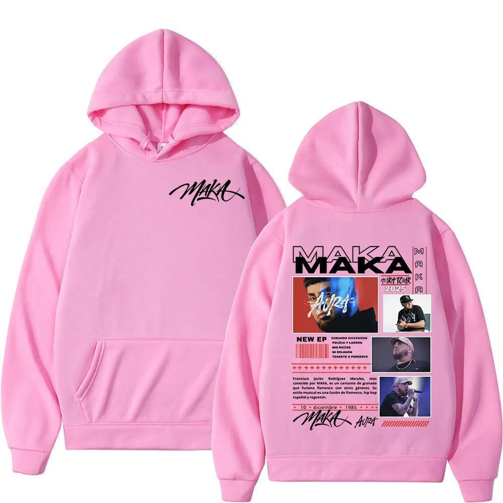 Pink hooded sweatshirt with black rapper maka aura graphic print tour merch hoodies oversized pullovers streetwear