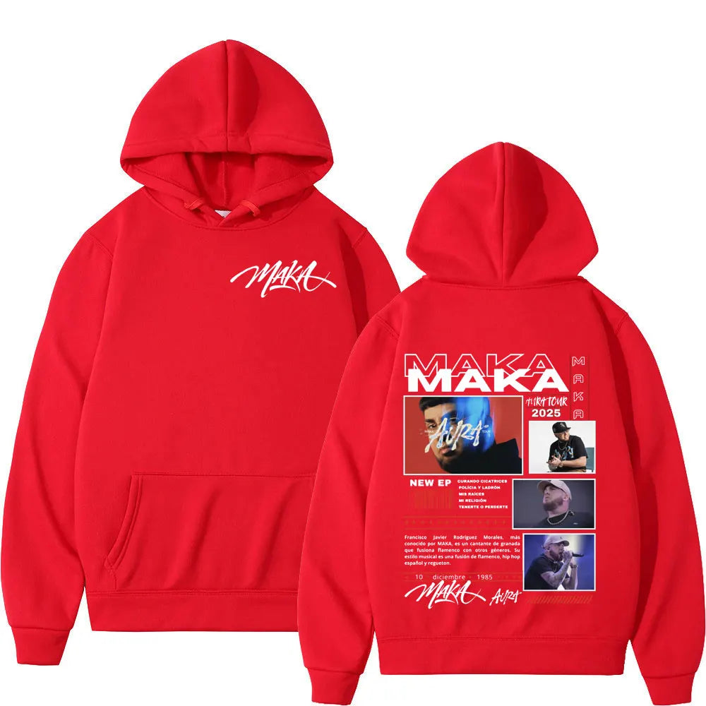 Red hooded sweatshirt featuring white maka logo front and detailed graphic back, ideal rapper maka aura tour merch hoodies oversized pullovers streetwear