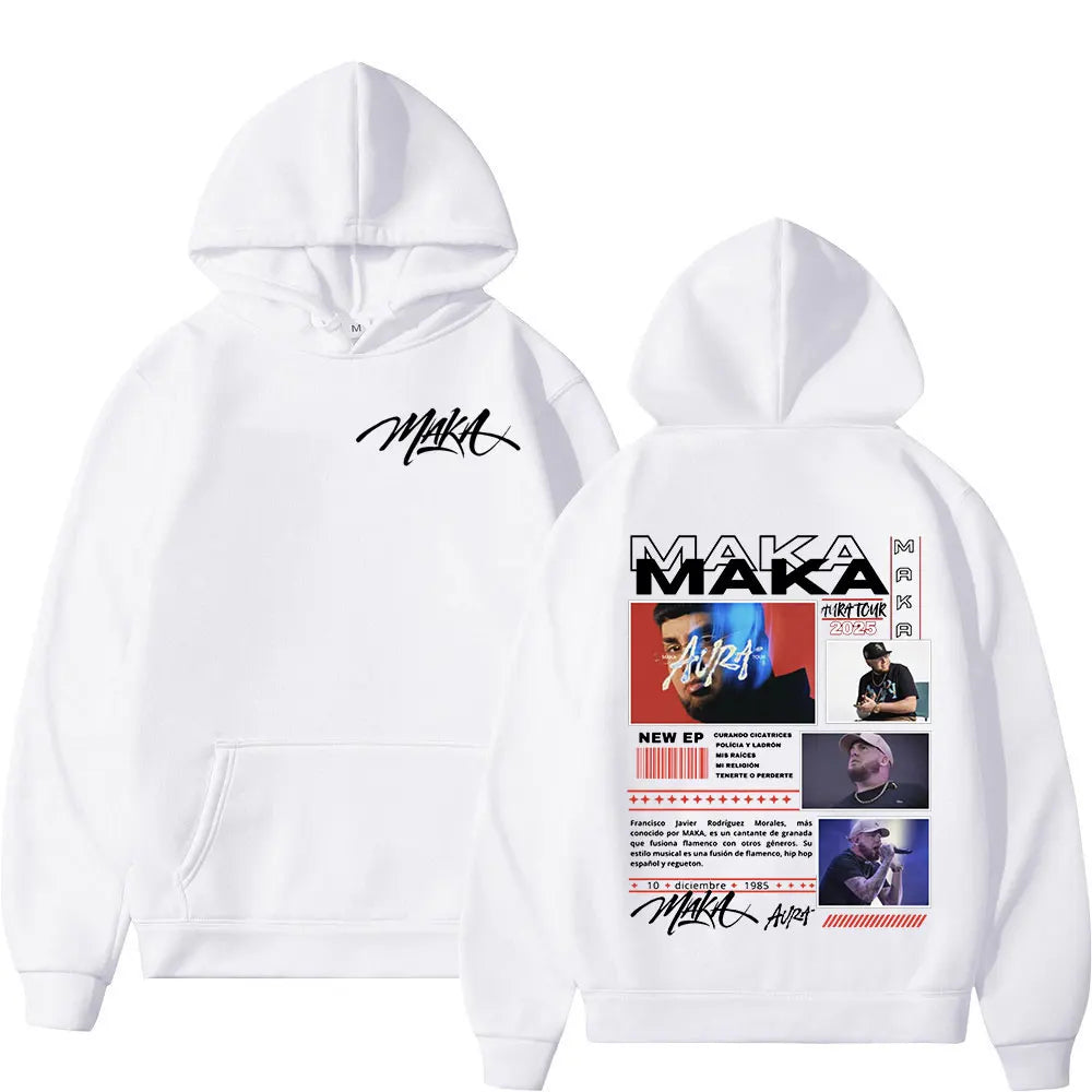 White hoodie featuring black graphic design with rapper maka aura text, oversized pullovers streetwear tour merch hoodies