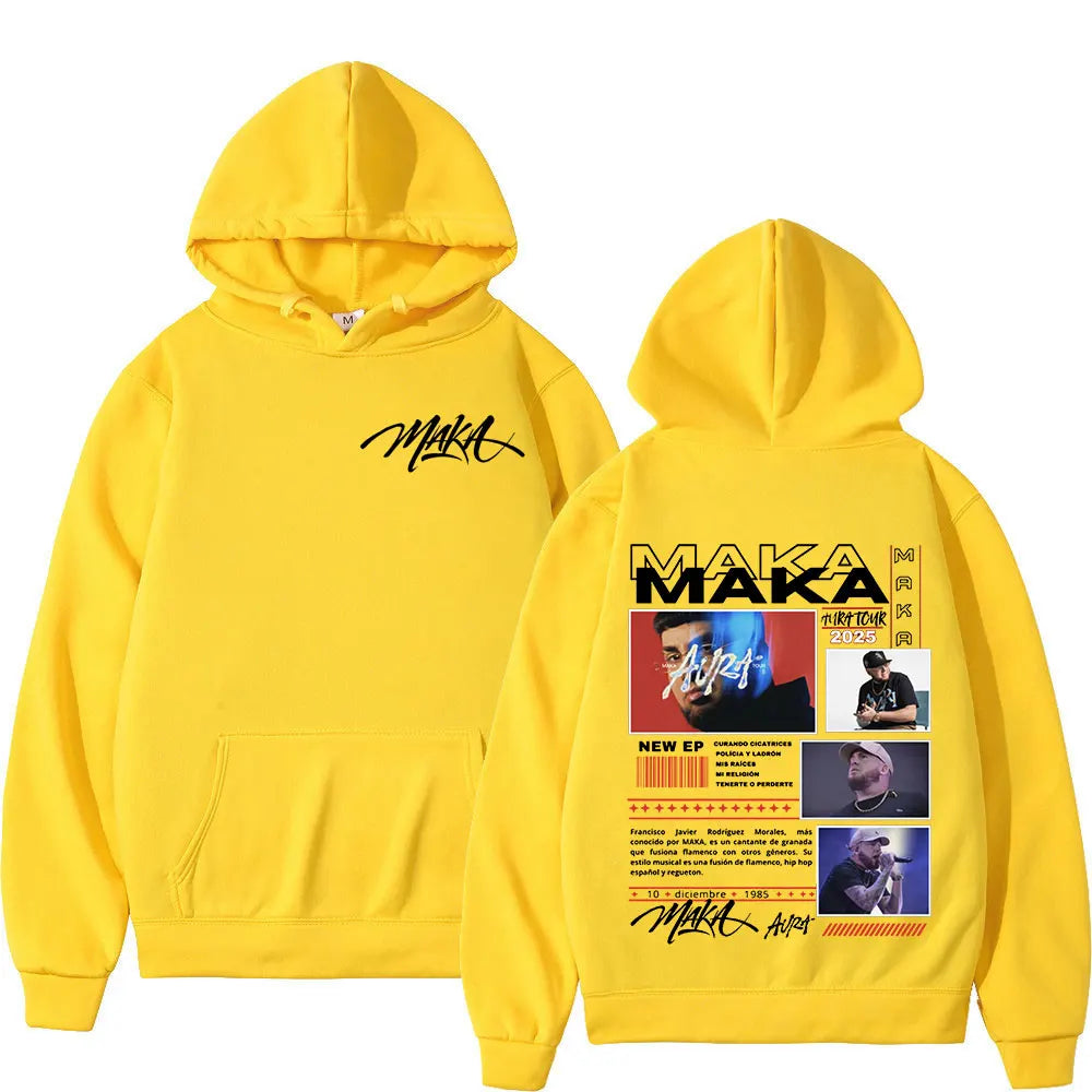 Bright yellow hooded sweatshirt with black maka logo front and detailed graphic back for rapper maka aura tour merch hoodies oversized pullovers streetwear
