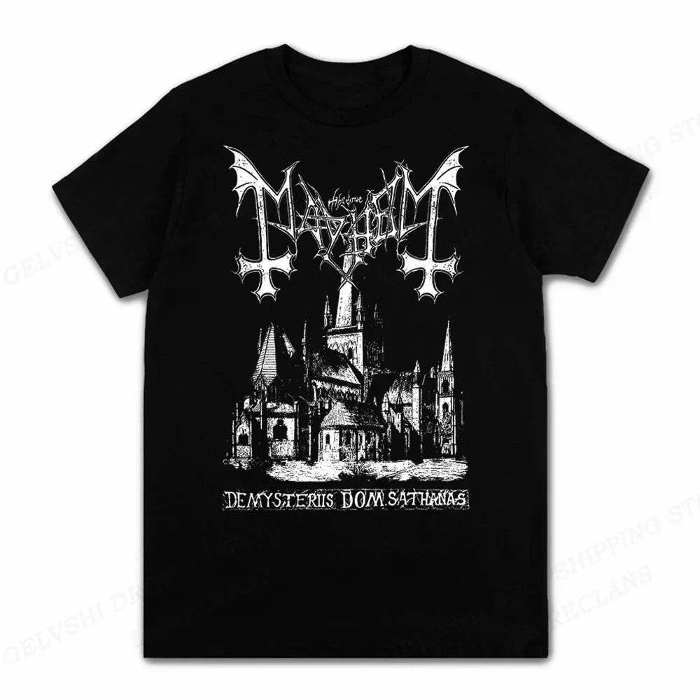 Black short-sleeved cotton tshirt featuring rapper mayhem death logo and gothic cathedral for kids hip hop anime rock fans