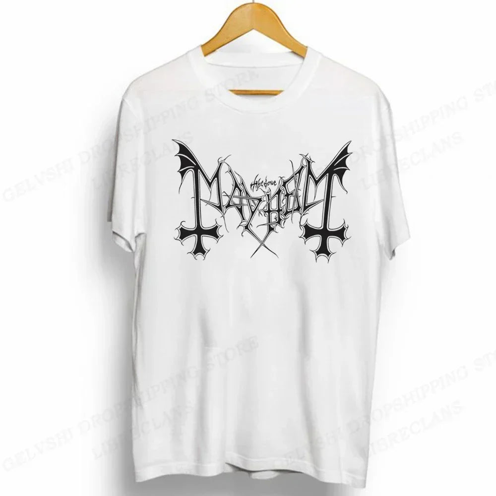 White cotton tshirt featuring rapper mayhem death black gothic logo for kids hip hop anime rock fashion wear
