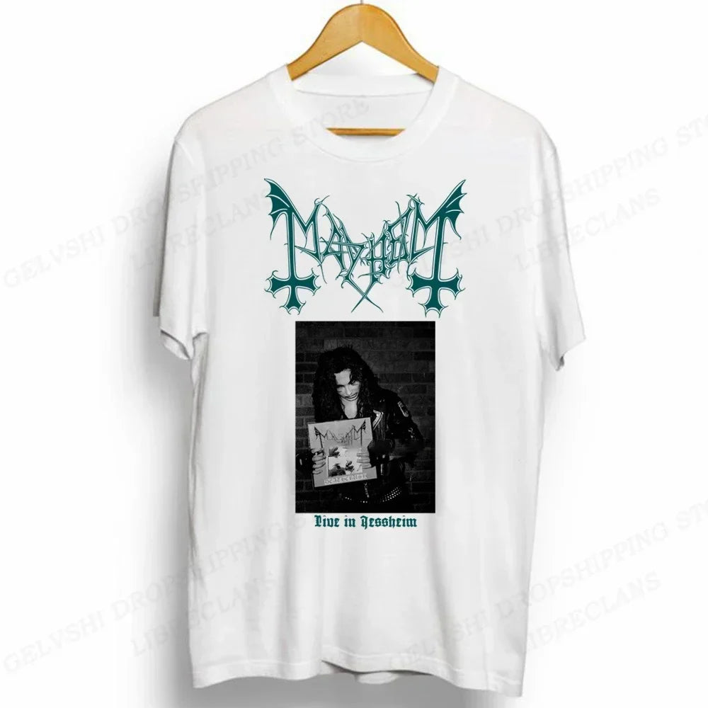 White cotton tshirt featuring a teal gothic rapper mayhem death logo above a black and white band photo live in stockholm design