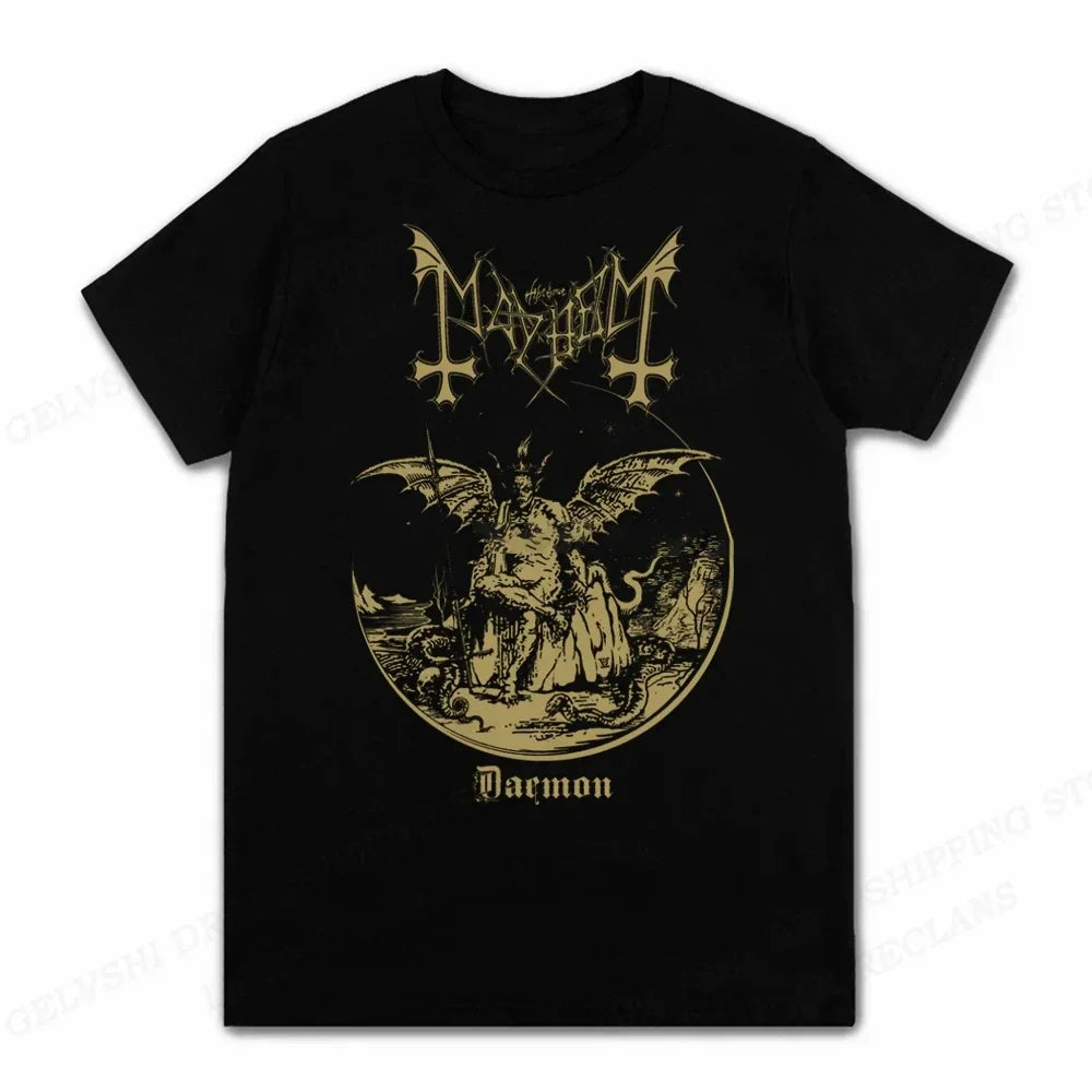 Black cotton rapper mayhem death tshirt featuring gold-inked daemon album art for kids hip hop and tshirt anime rock fans