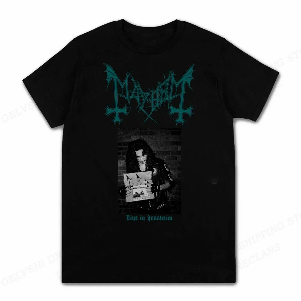Black cotton short-sleeved rapper mayhem death tshirt anime rock with teal logo and kids hip hop band graphic front design