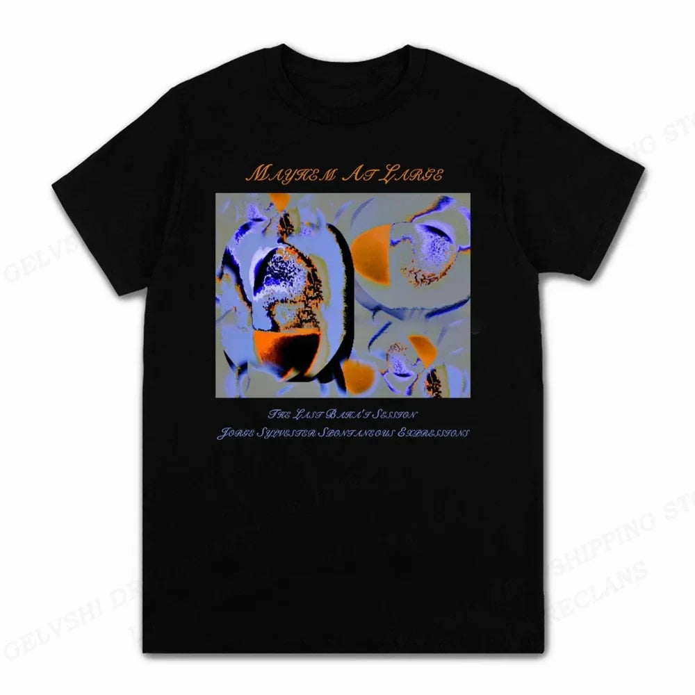 Black cotton short-sleeved rapper mayhem death tshirt anime rock design with vibrant abstract graphic for kids hip hop style