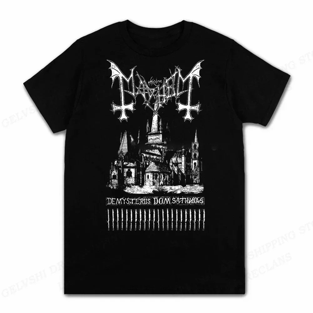 Black cotton short-sleeved tshirt featuring rapper mayhem death logo and album art for kids hip hop and tshirt anime rock fans