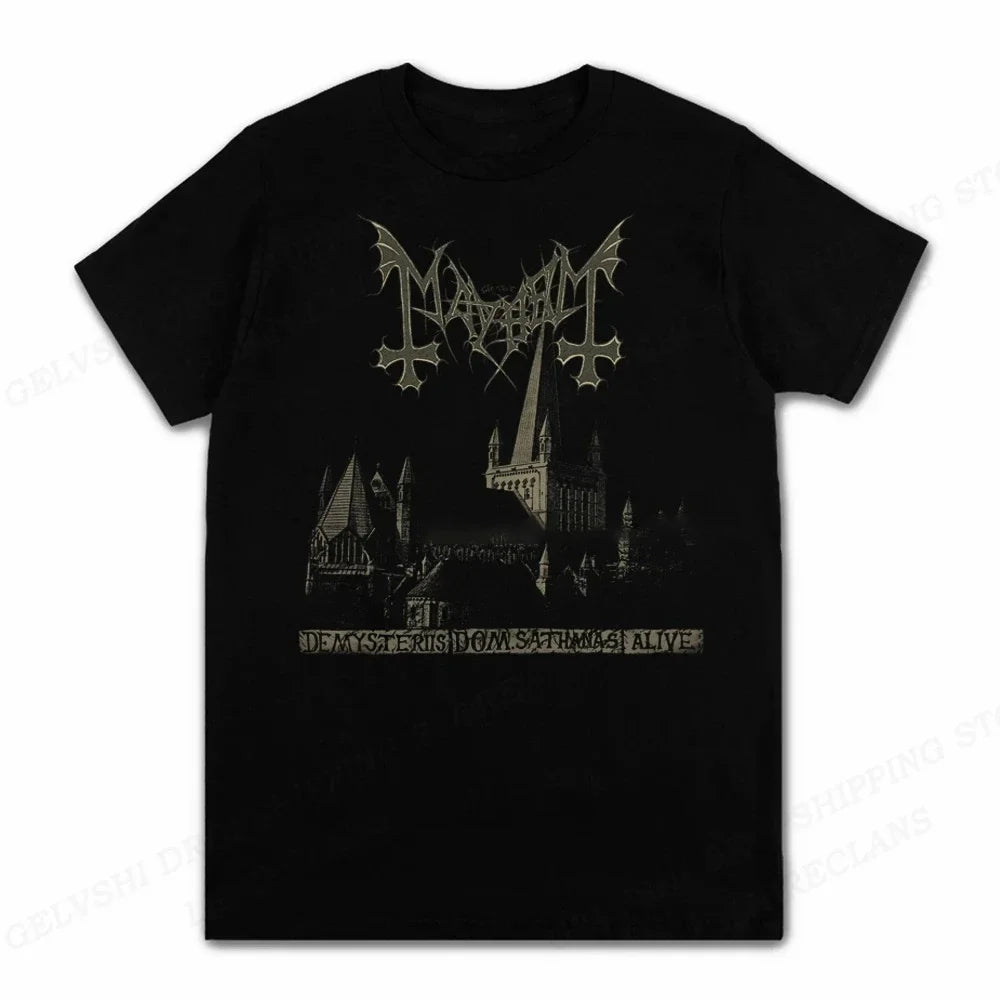 Black cotton short-sleeved rapper mayhem death tshirt anime rock featuring silver gothic graphic and kids hip hop style text