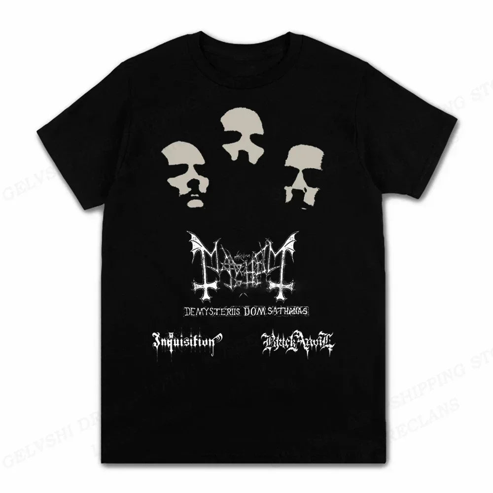 Black short-sleeved cotton rapper mayhem death tshirt anime rock design with three skulls and mayhem lettering for kids hip hop