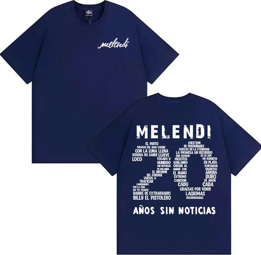 Navy blue cotton Melendi 20 Anos Sin Noticias merch t-shirt with white cursive logo front and lyric print back view
