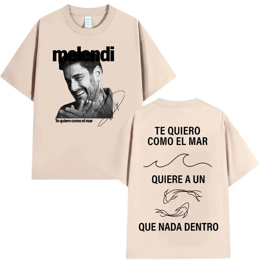 Beige short-sleeved rapper melendi tour t shirt with black and white portrait front and spanish text wave design back