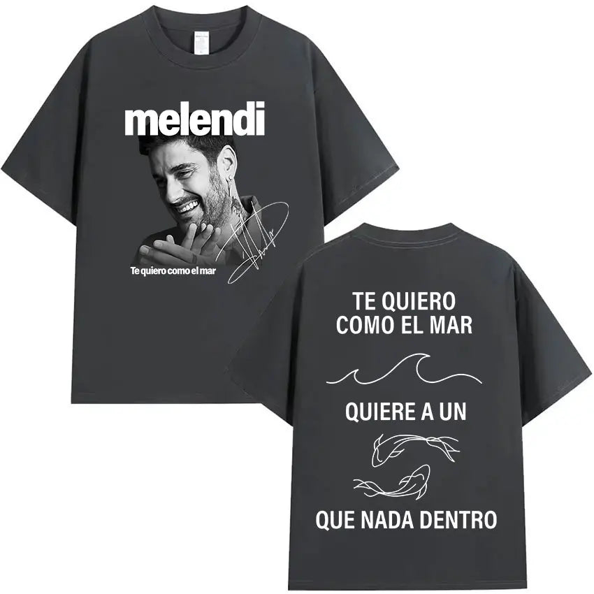 Black short-sleeved retro high quality cotton t-shirt with rapper melendi tour graphic and hip hop clothing streetwear design