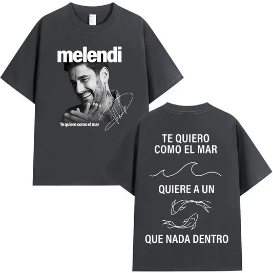 Black short-sleeved retro high quality cotton t-shirt with rapper melendi tour graphic and hip hop clothing streetwear design