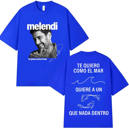 Bright blue cotton rapper melendi tour t shirt with black and white portrait and white text hip hop clothing retro high quality
