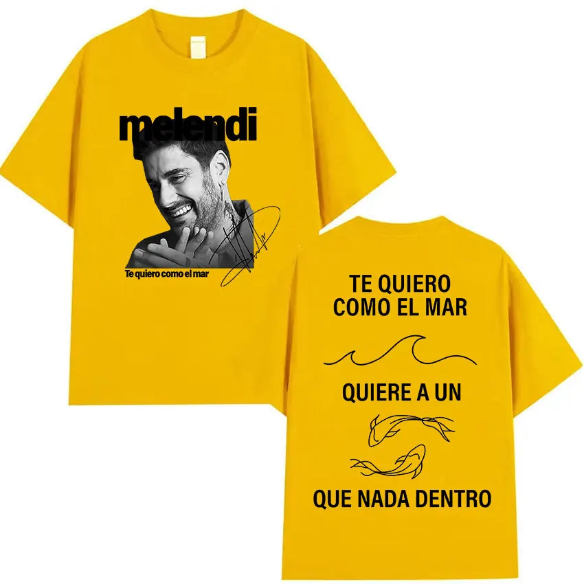 Bright yellow cotton rapper melendi tour t shirt with black white portrait front and bold lyrics back hip hop clothing