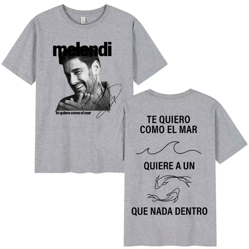 Gray heathered cotton t-shirt with black and white rapper melendi tour portrait and bold hip hop clothing text on back