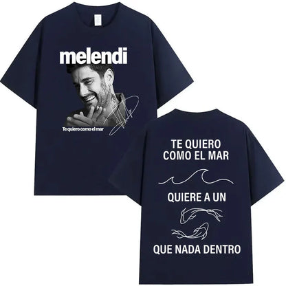 Navy blue cotton t-shirt featuring rapper melendi tour portrait and signature front with hip hop clothing retro design back