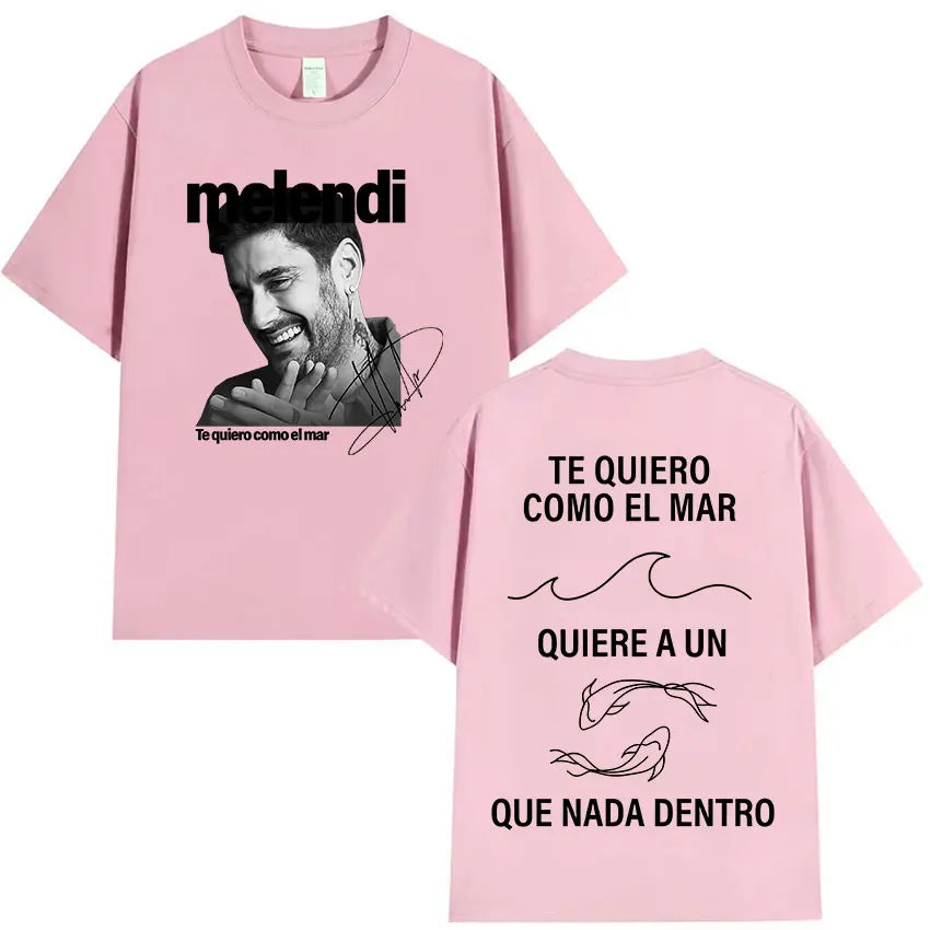 Pink cotton rapper melendi tour t shirt with black and white portrait front and spanish text wave design back hip hop clothing
