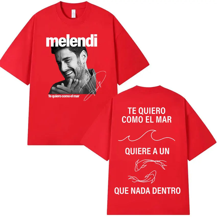 Red short-sleeved rapper melendi tour t-shirt with black-and-white portrait and hip hop clothing retro high quality cotton design