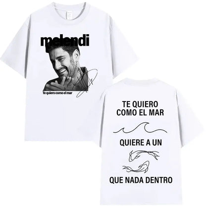 White cotton oversized t-shirt with black-and-white rapper melendi tour portrait front and spanish text back hip hop clothing