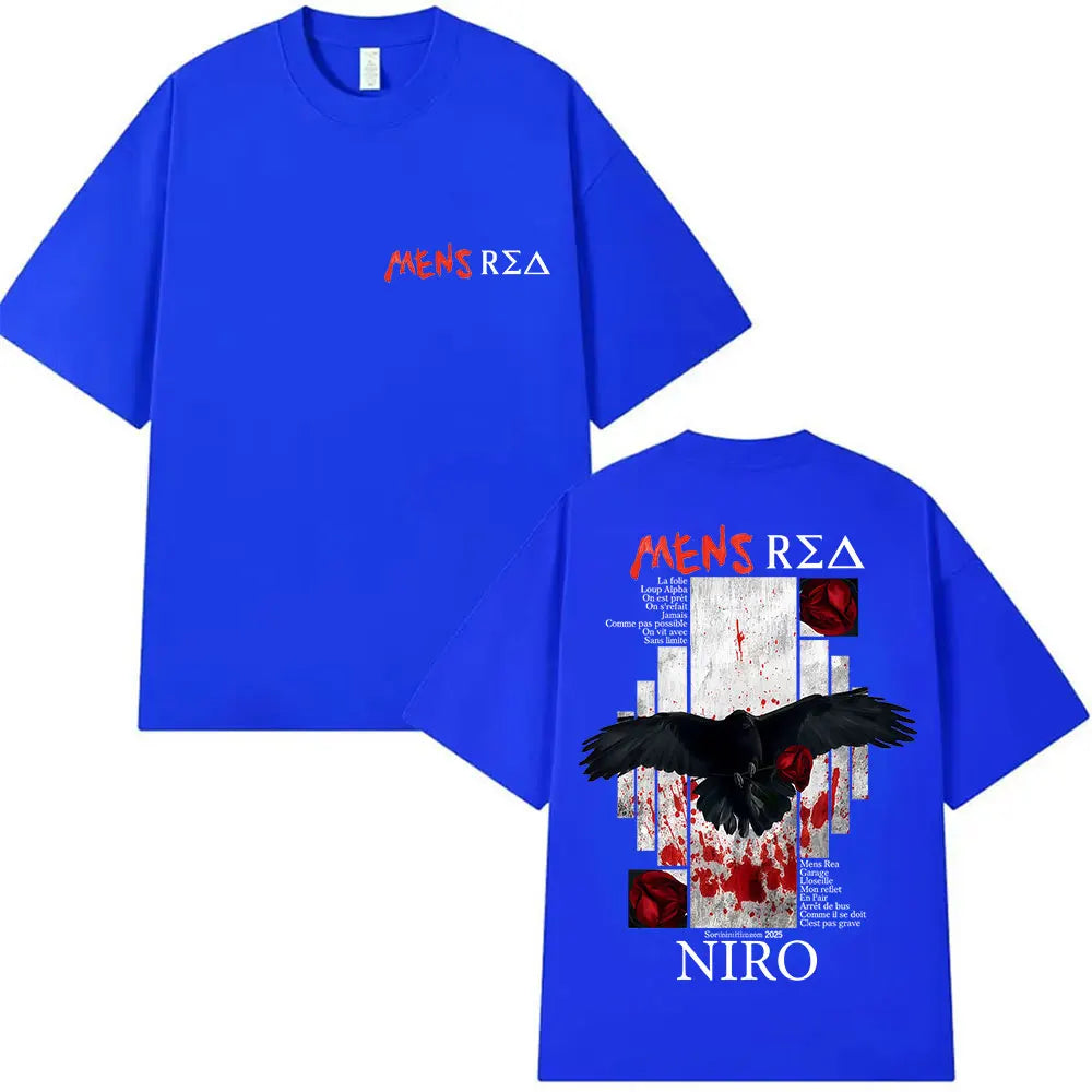Vibrant royal blue cotton rapper mens rea niro t shirt with black crow red roses blood splatter graphic front design