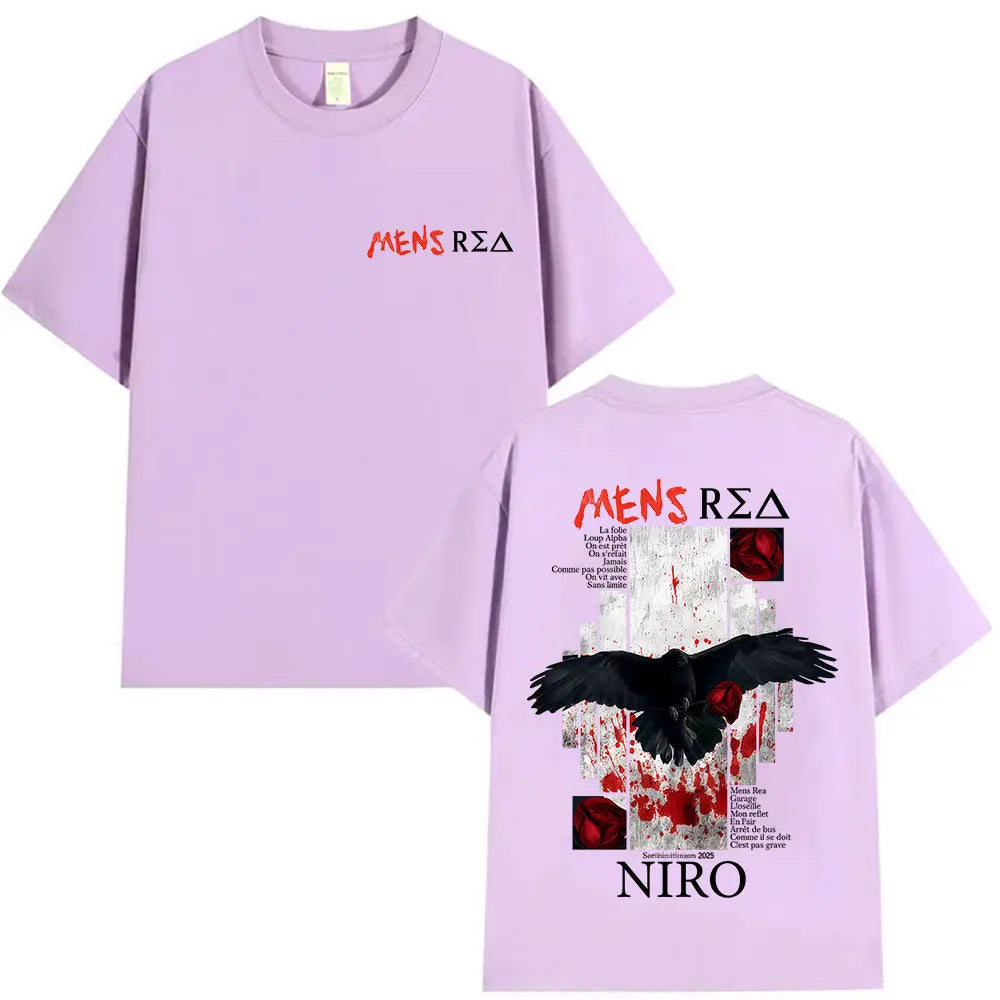 Lavender short-sleeved cotton t-shirt showing the back with black bird and red roses graphic and orange mens rea niro text