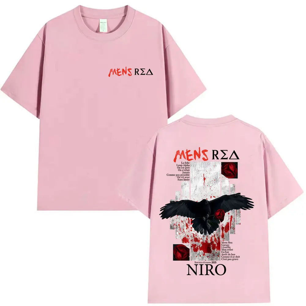 Pink short-sleeved cotton t-shirt with black crow graphic and red splatter featuring rapper mens rea niro album text front and back