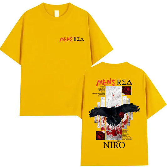 Yellow cotton rapper mens rea t-shirt featuring bold black crow graphic with red splatter and mens rea niro back design