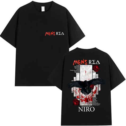 Black cotton t-shirt featuring a graphic of a black crow red roses and blood splatter on the back rap artist mens rea niro merch