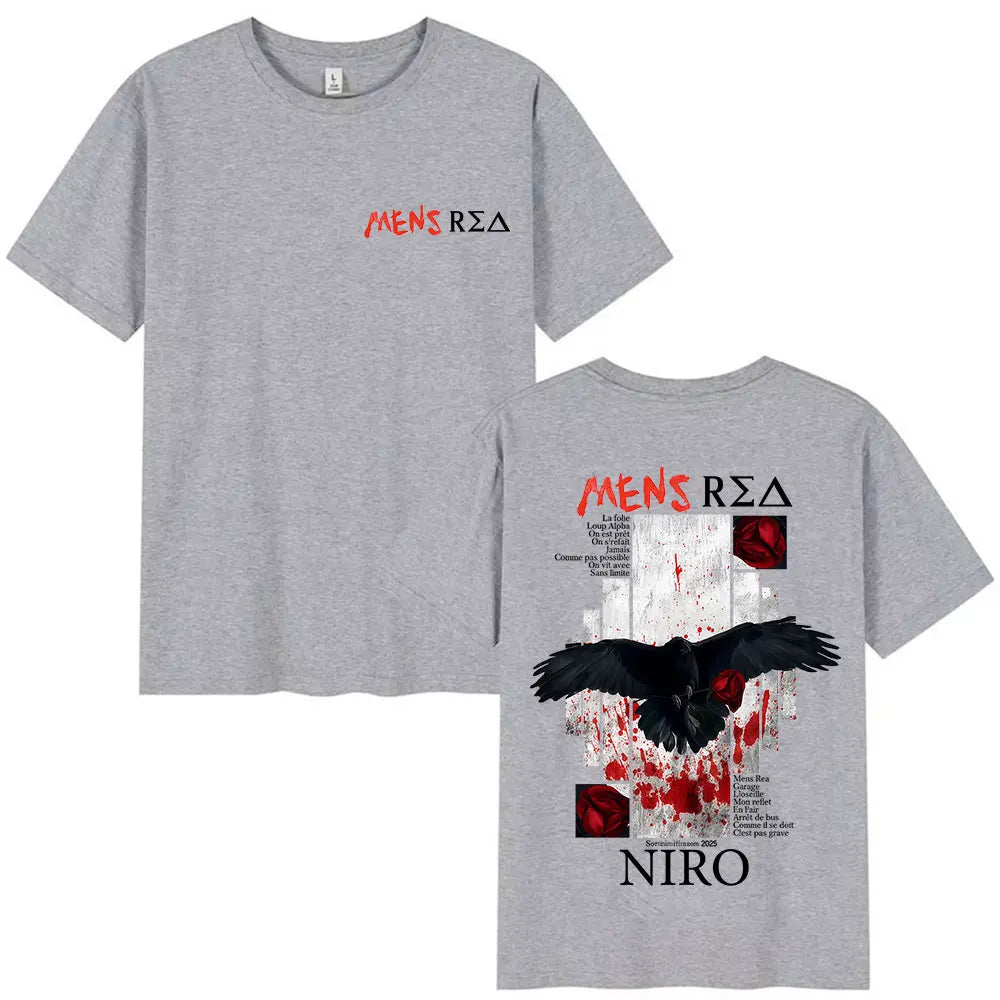 Gray cotton rapper mens rea t-shirt with black crow and red splatter design featuring mens rea niro branding and album art