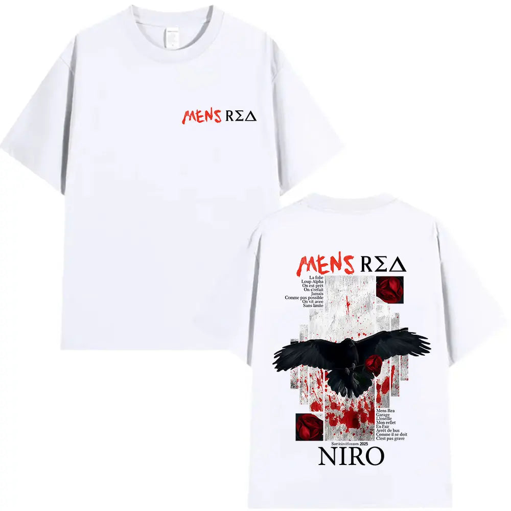 White cotton rapper mens rea t shirt with black crow and red splatter front design and mens rea niro roses back print