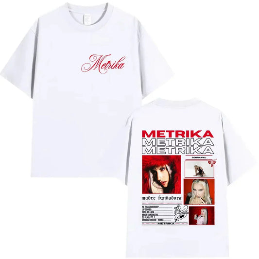 White rapper metrika album graphic t shirt with red logo front and detailed back print women vintage cotton streetwear