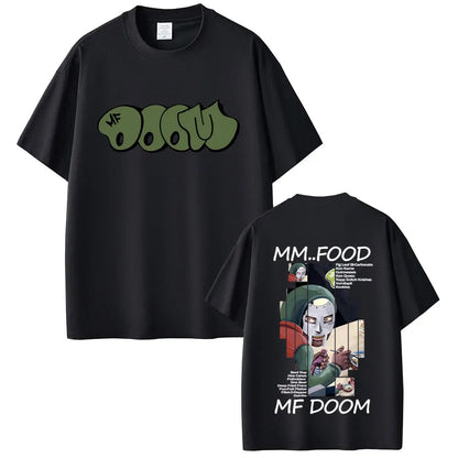 Black short-sleeved casual cotton oversized t-shirt with green rapper mf doom graffiti logo and illustrated back graphic