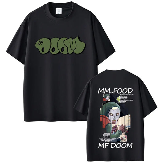 Black short-sleeved casual cotton oversized t-shirt with green rapper mf doom graffiti logo and illustrated back graphic