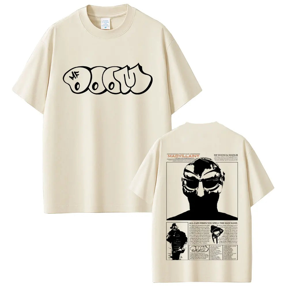 Cream-colored casual cotton oversized t-shirt with rapper mf doom graphic front and detailed back illustration for hip hop fashion vintage