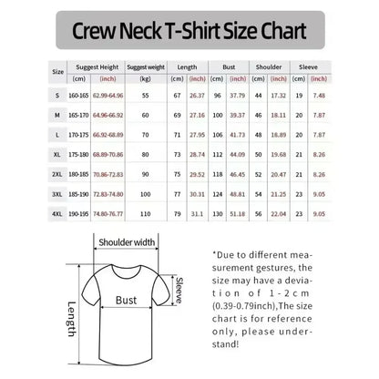 Crew neck t-shirt size chart in centimeters and inches for rapper mf doom hip hop fashion casual cotton oversized tee sizes s to 4xl